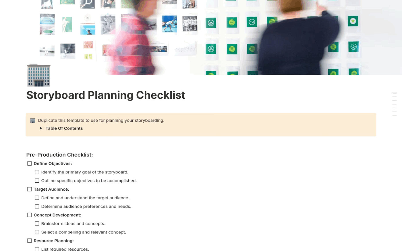 Modelo de lista de verificação para planejamento de storyboard do Notion: quadro de inspiração do Notion