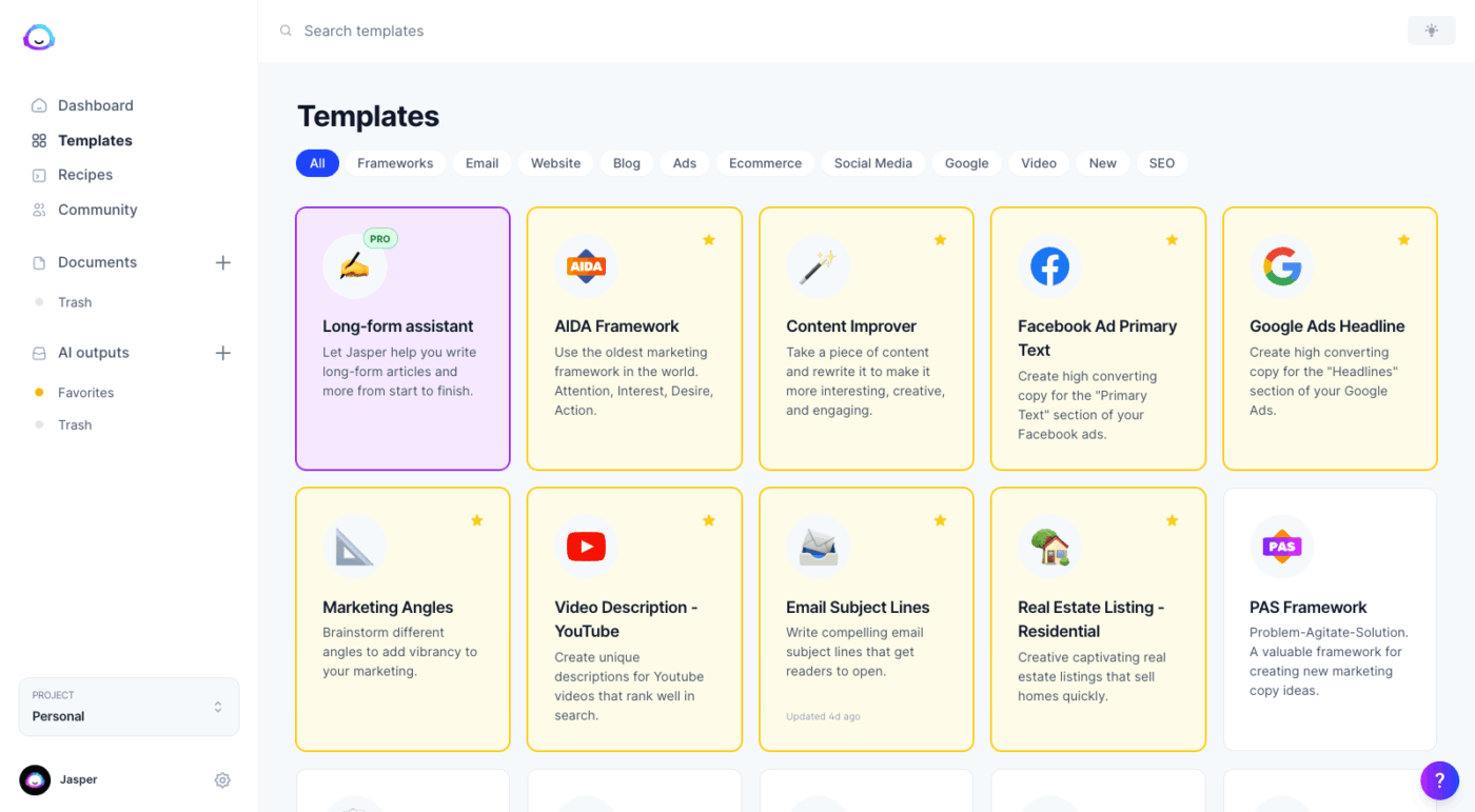 Jasper: AI writing assistance for writing marketing copy and overcoming writer's block