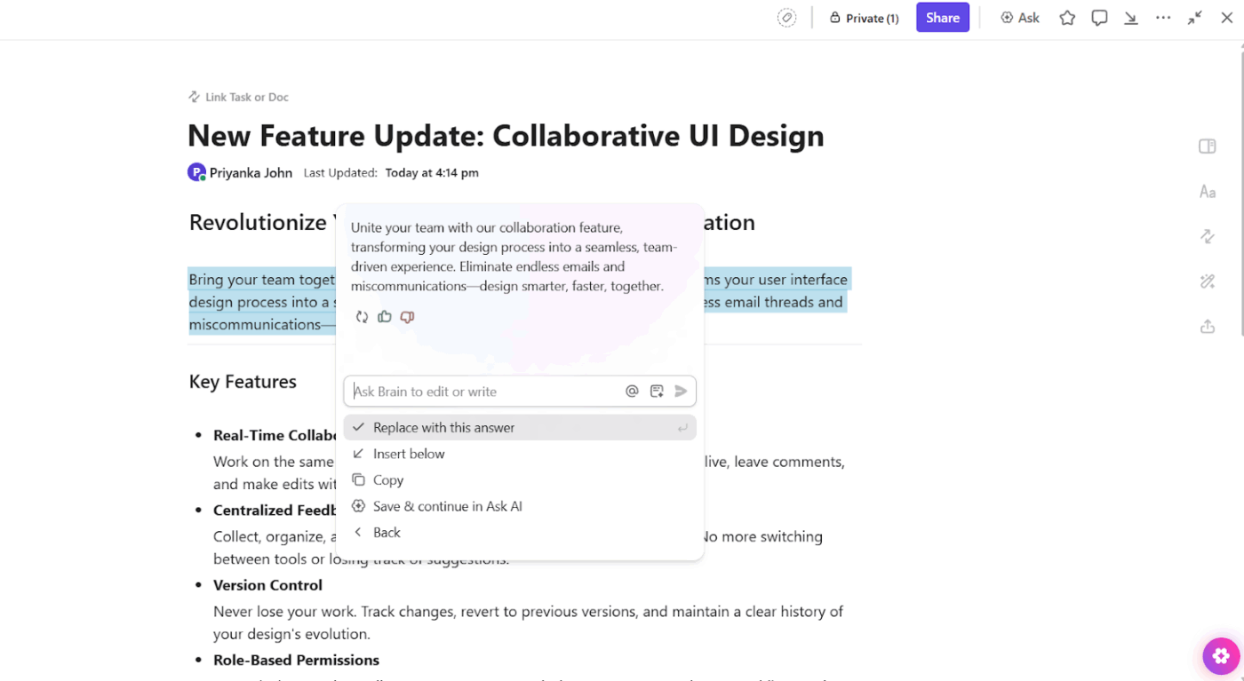 ClickUp Brain: Best AI tools for generating content and product descriptions in docs