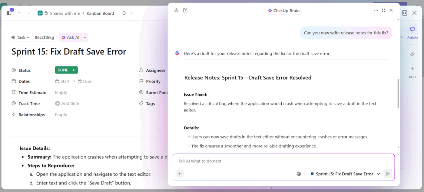 How to choose AI writing assistants: ClickUp Brain supports writing in tasks