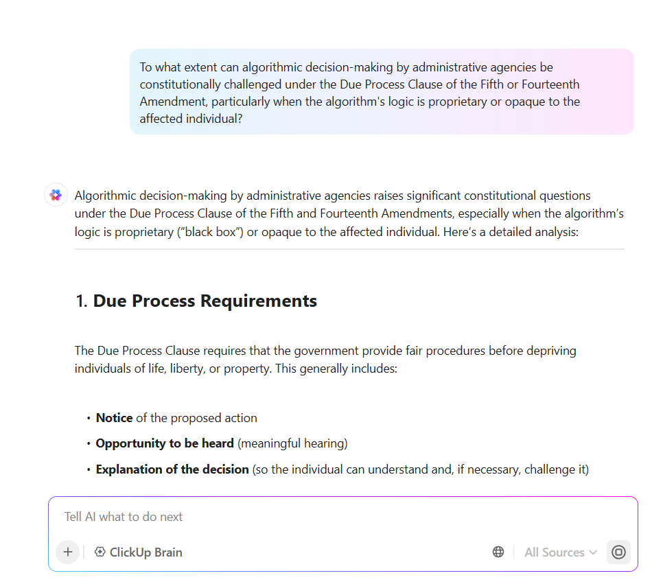 Ask ClickUp Brain your complex legal research questions