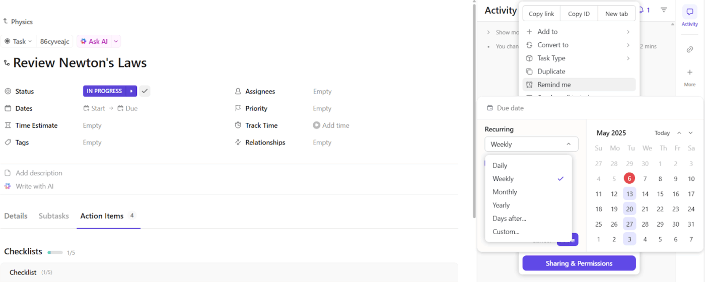 ClickUp Recurring Tasks: Use interleaving study method on schedule