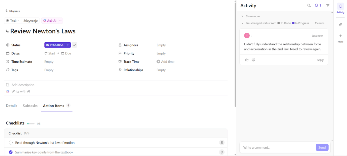 ClickUp Comments: Strengthens memory associations in Tasks