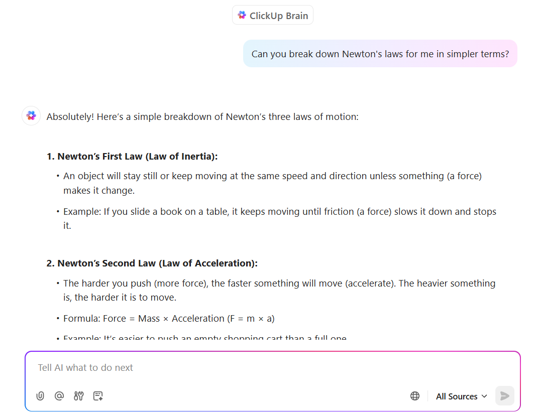 ClickUp Brain's ability to support multiple subjects or topics 