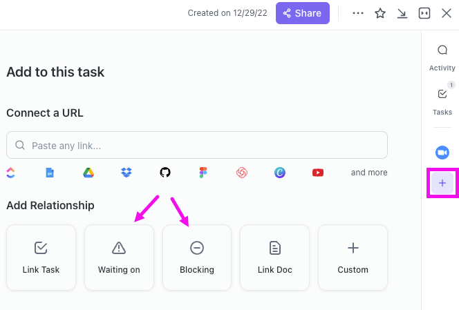 Dépendances des tâches ClickUp : reliez les tâches entre elles pour comprendre comment les agences peuvent optimiser les workflows d'approbation.