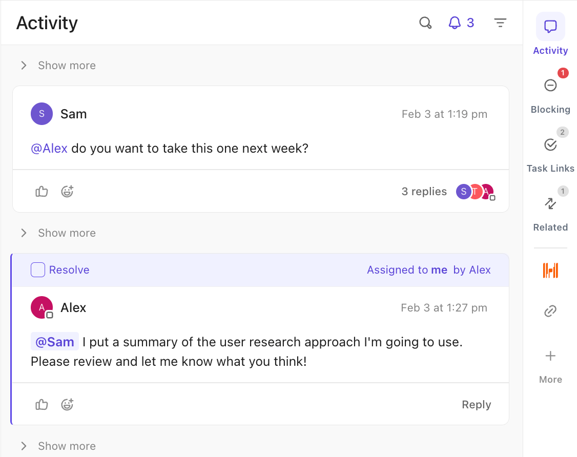 Commentaires d'attribution ClickUp : renforcez la responsabilité grâce à des commentaires contextuels pour faciliter les flux de travail d'assistance aux workflows de gestion des approbations.