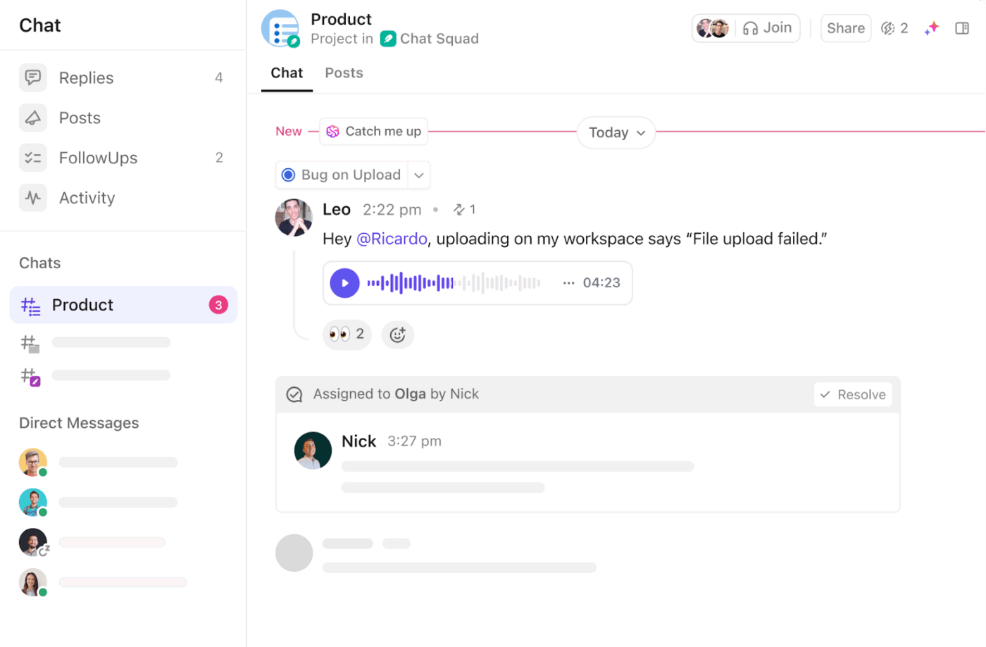 ClickUp Discuter : collaborez instantanément et améliorez la satisfaction des clients grâce à une coordination rapide lors des révisions et des validations.