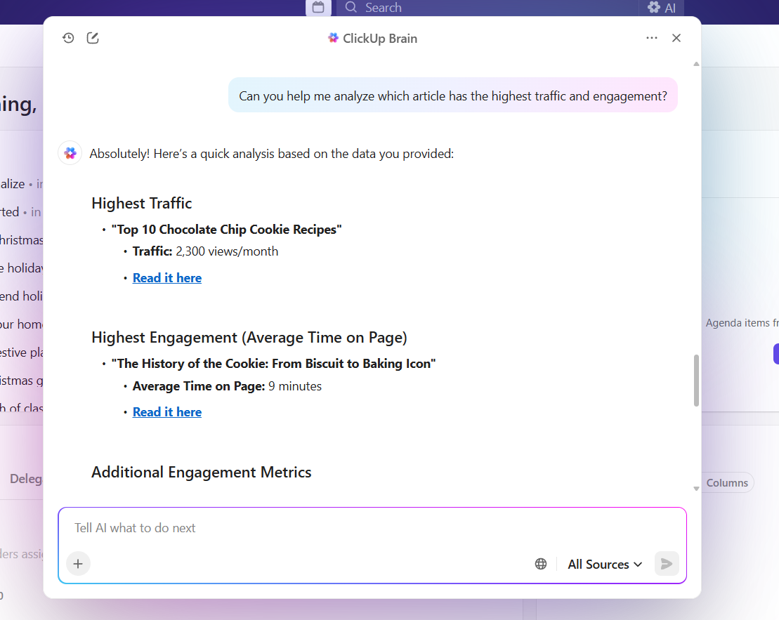 ClickUp Brain: AI tool providing insights, task summaries, and suggestions to support feedback loops