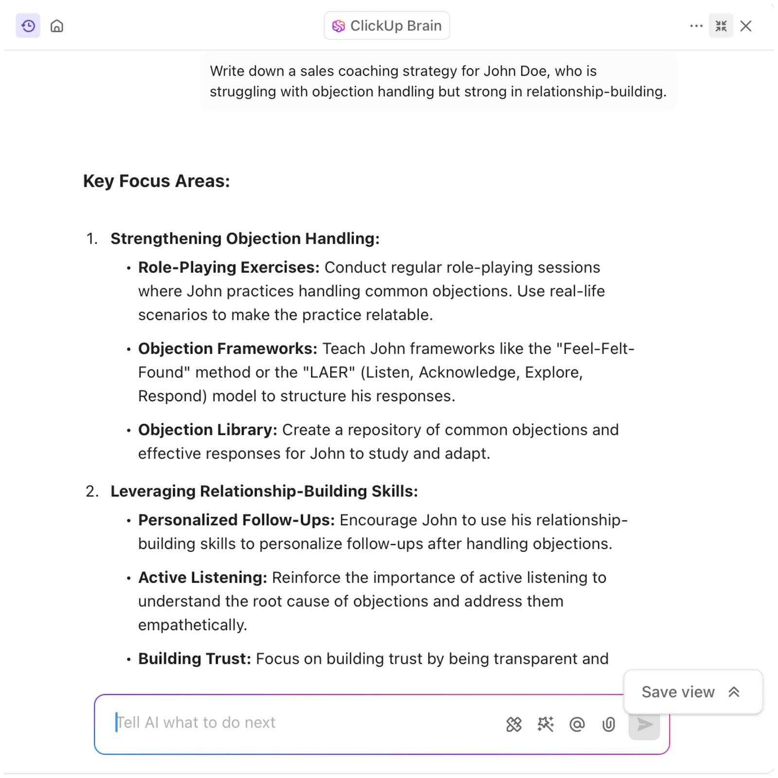 clickup brain sales coaching strategy ai agent for sales