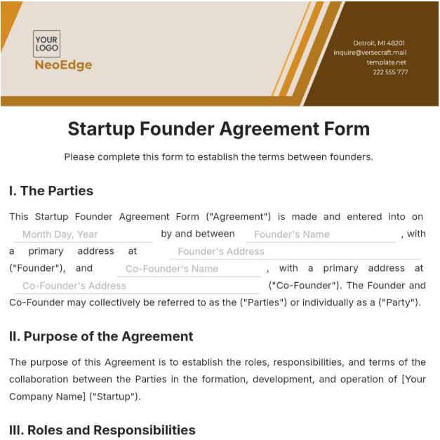 Modelo de formulário de acordo de fundadores de startups da Template.Net