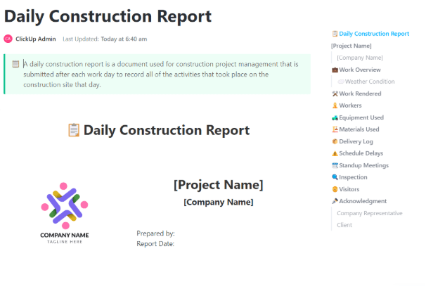ClickUp Beginner-Friendly Daily Construction Report ; 