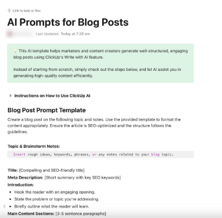 ClickUp AI Prompt & Guide for Blog Posts Template