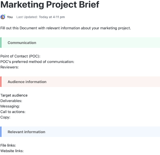 ClickUp Marketing Project Brief Template : marketing brief template
