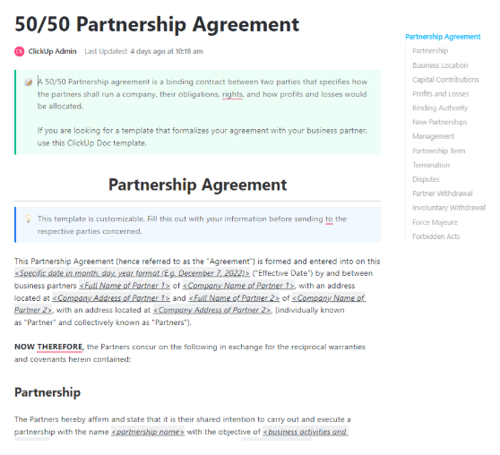 ClickUp 50/50 Partnership Agreement Template : Founders Agreement Template