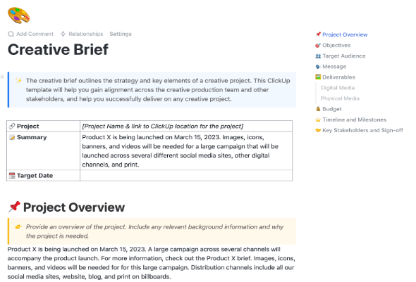 ClickUp Creative Brief Document Template : marketing brief template