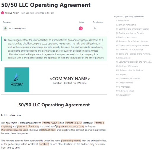 ClickUp 50/50 LLC Operating Agreement Template ; Founders Agreement Template