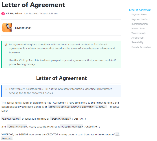 ClickUp Letter of Agreement Template ; Founders Agreement Template