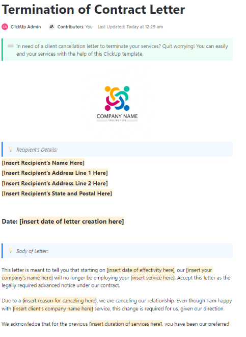 ClickUp Termination of Contract Letter Template