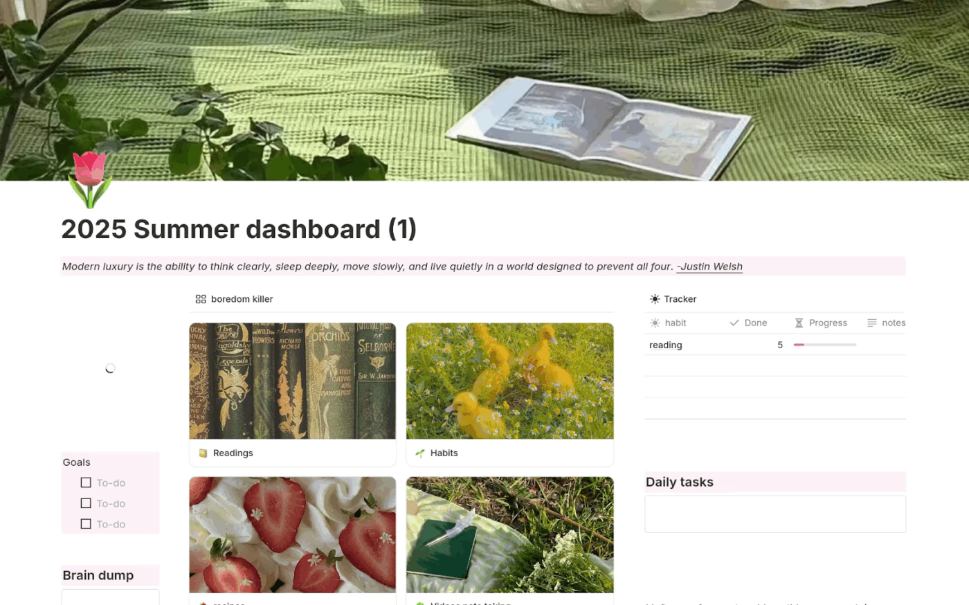 2025 Summer Dashboard via Notion- Notion habit tracker templates