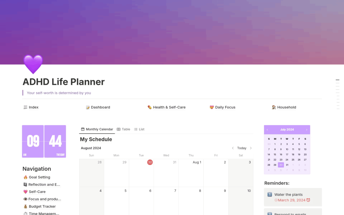 Notion ADHD Planner All-In-One Template : Notion ADHD templates