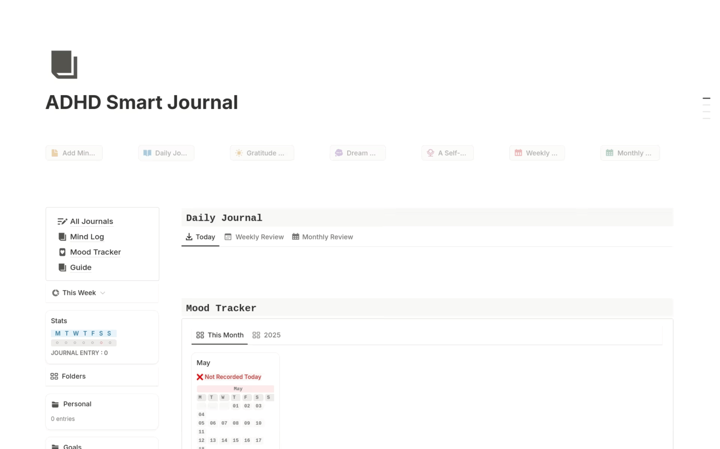Notion ADHD Smart Journal Template : Notion ADHD templates