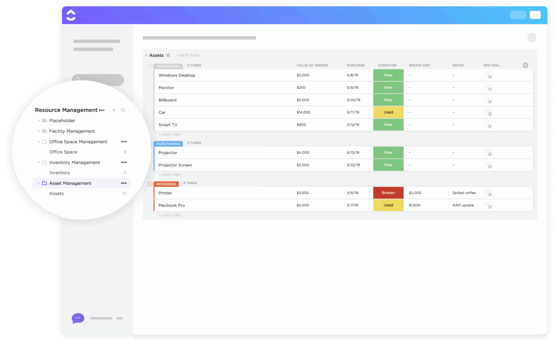 Sjabloon voor activabeheer door ClickUp
