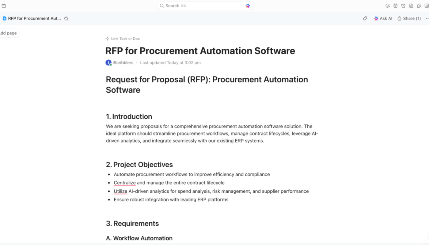 ClickUp Docs : chatgpt procurement use cases