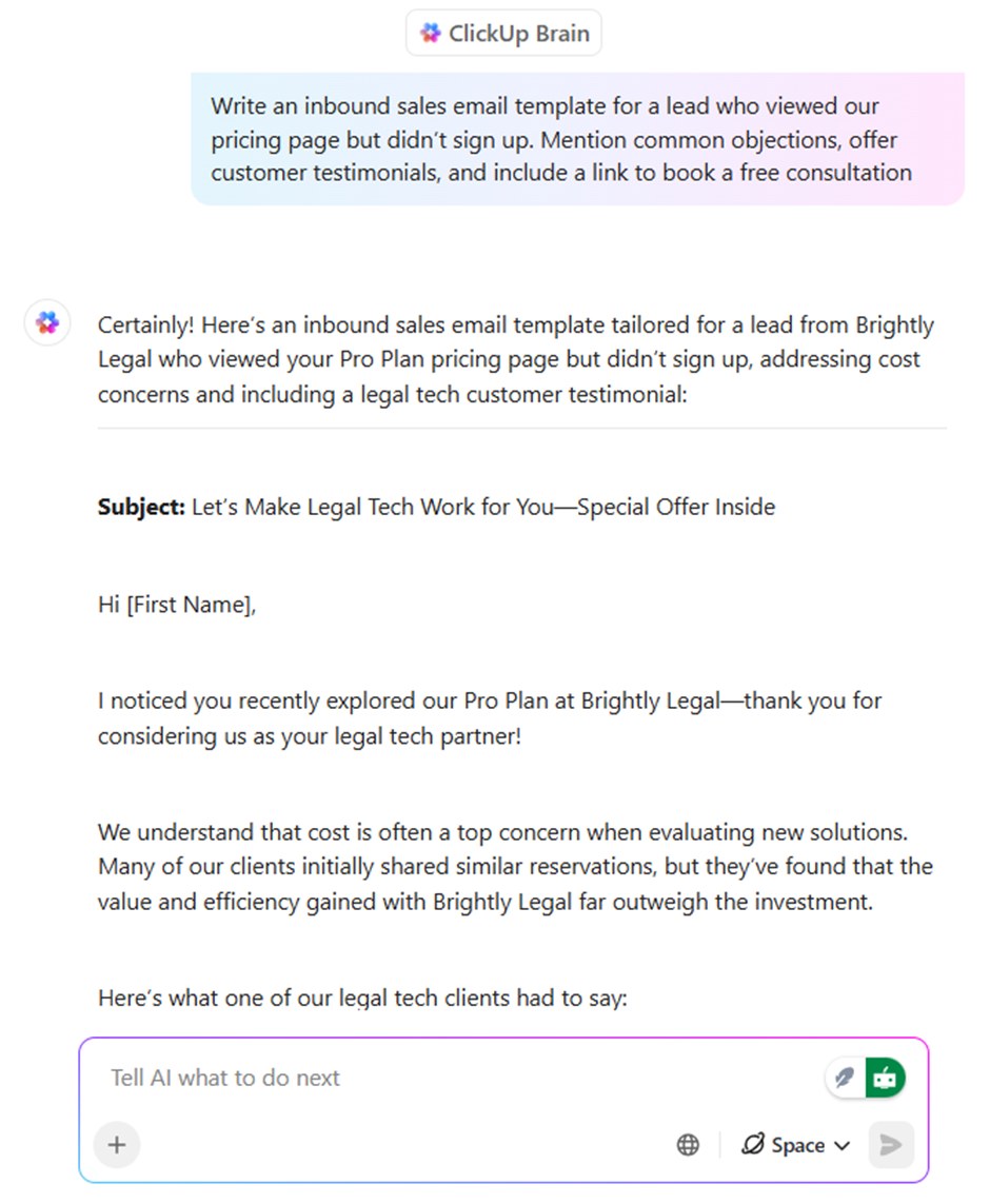 ClickUp Brain: Generate Email Templates for Inbound Sales