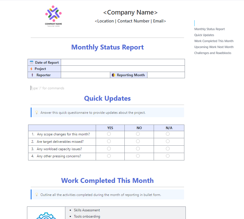 ClickUp Monthly Business Status Report