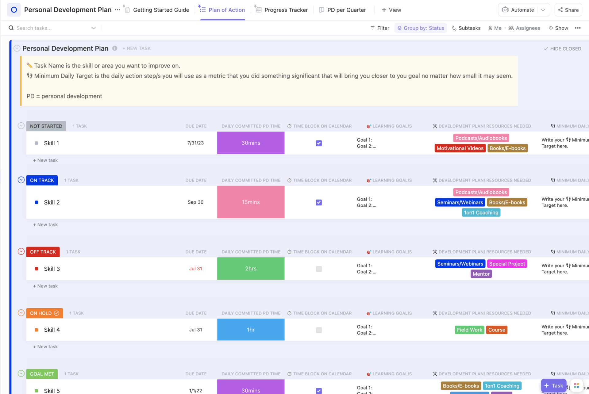 ClickUp Personal Development Plan Template