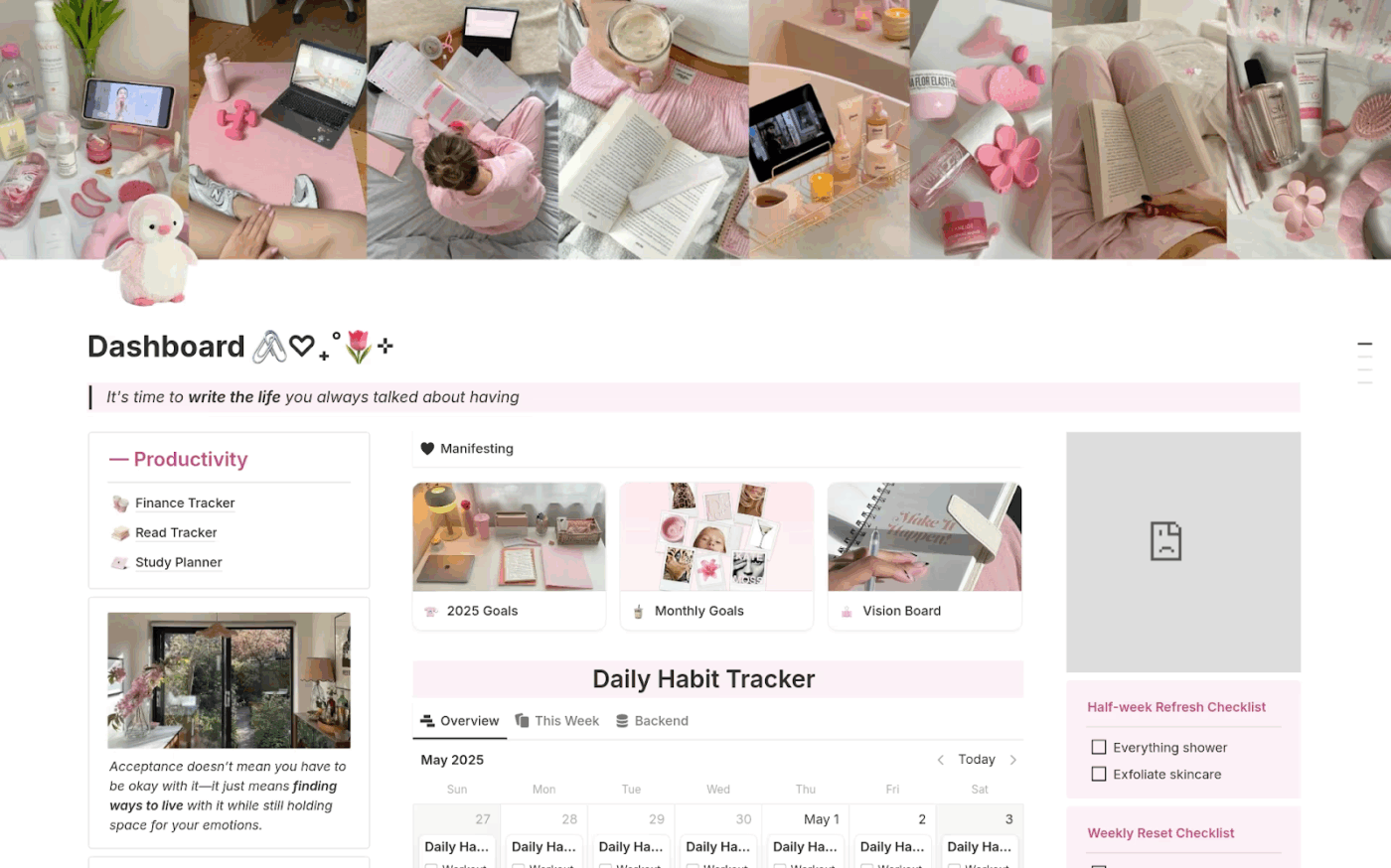 Dashboard – Personal Planner via Notion- Notion habit tracker templates