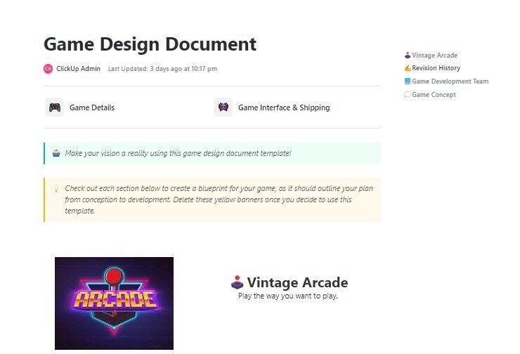Game Design Document Template by ClickUp