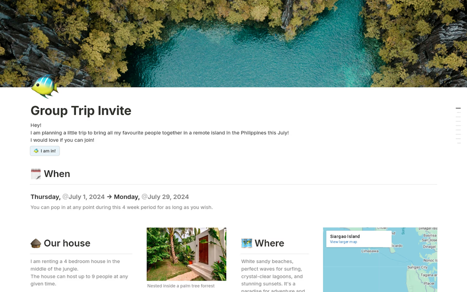 Group trip invite with poll Template: notion planner templates