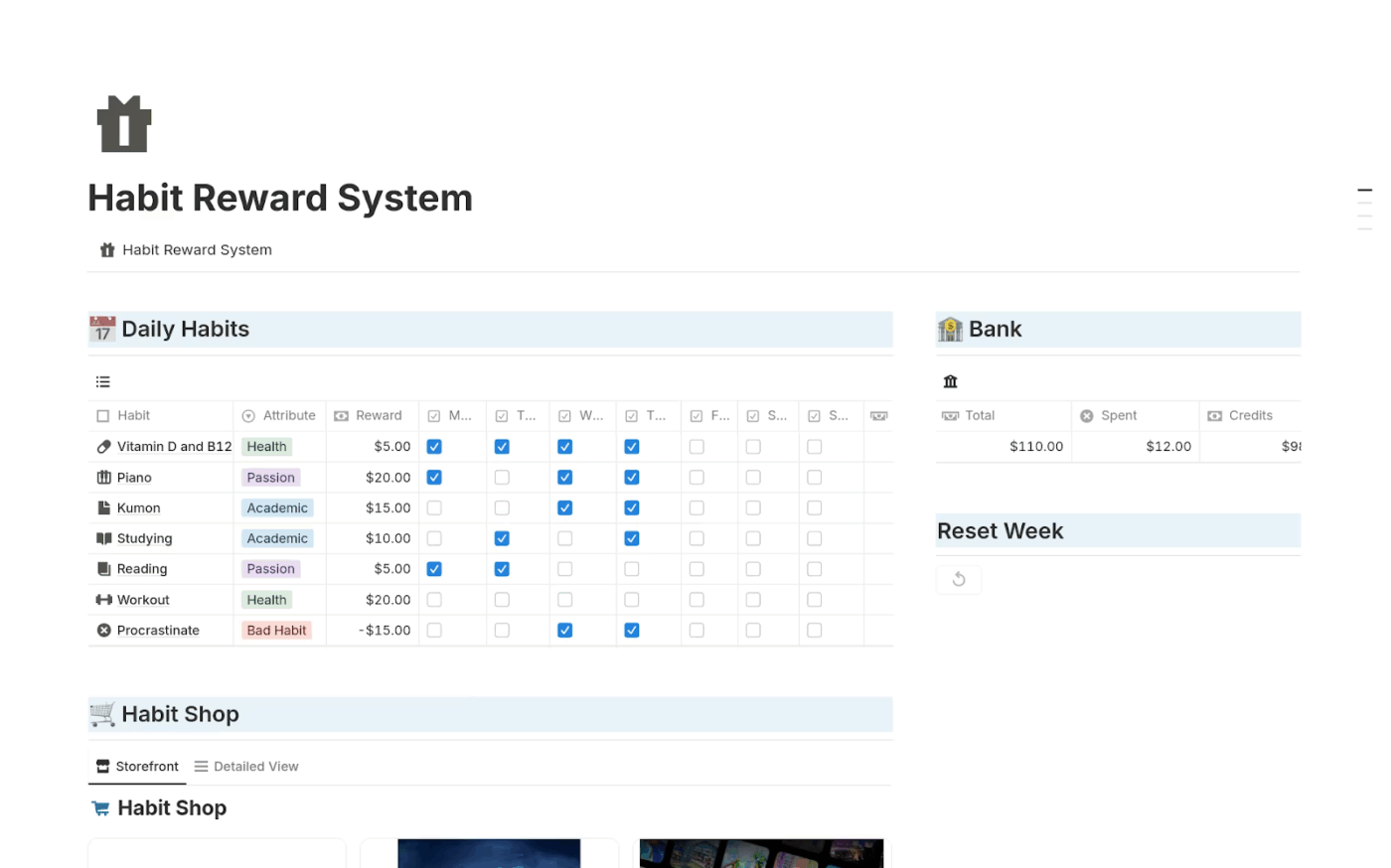 Habit Reward System via Notion- Notion habit tracker templates