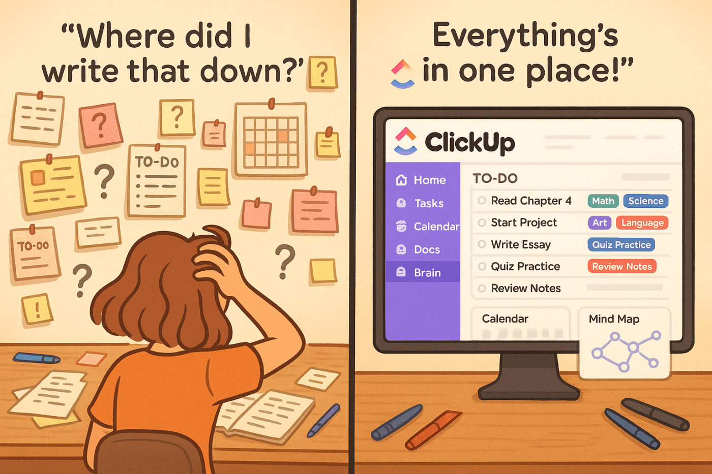 From chaos to clarity: See how ClickUp transforms scattered study notes into an organized, all-in-one workspace