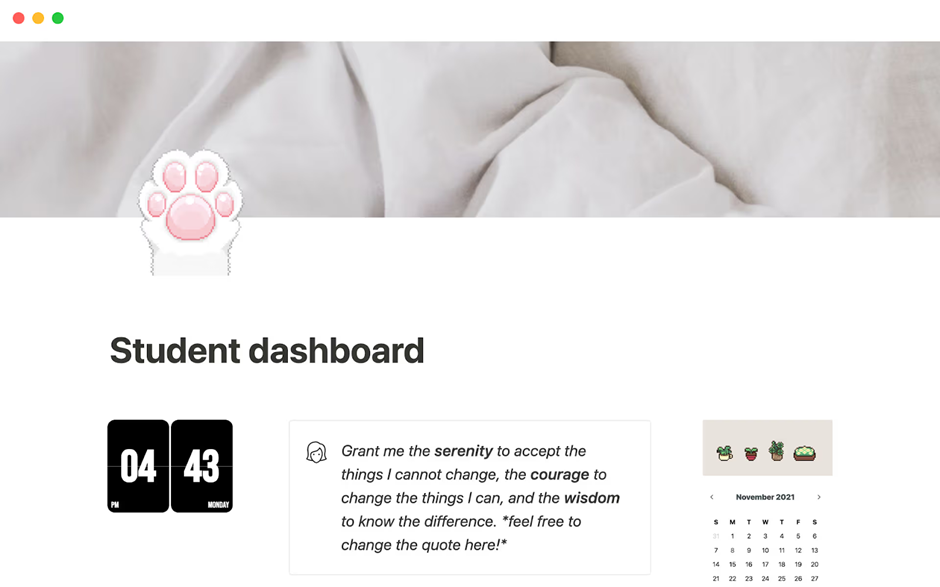 Janice Studies’ Student Dashboard Template: notion planner templates