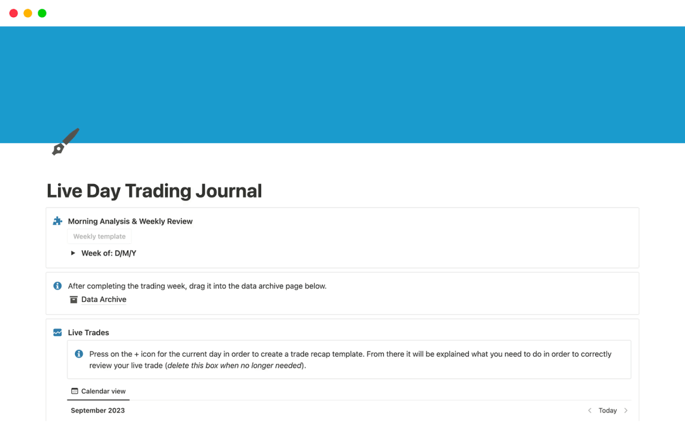 Live Day Trading Journal by Notion: notion trading journal template