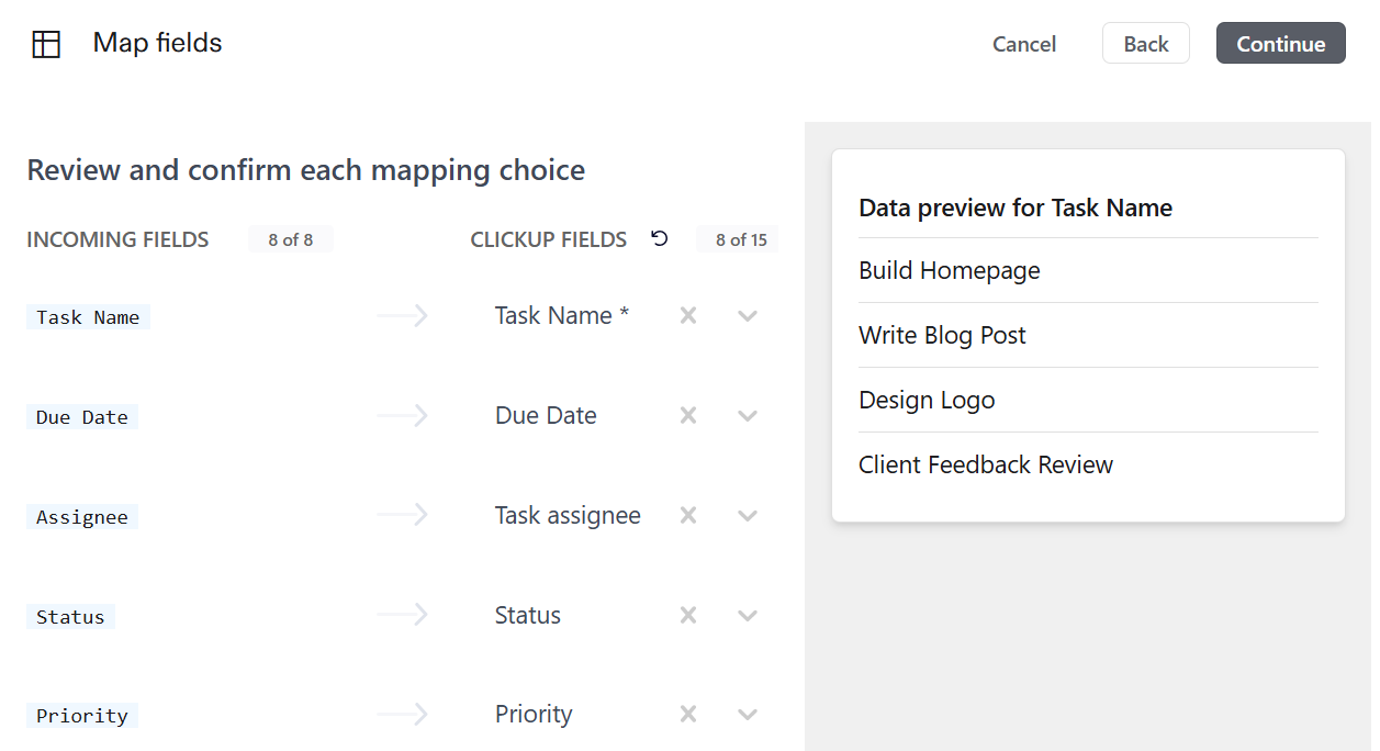 Map fields : How to Import a Spreadsheet into ClickUp