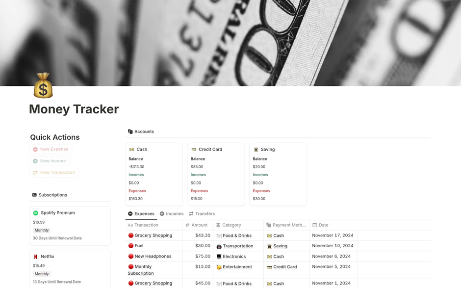 Money Tracker Template: notion planner templates