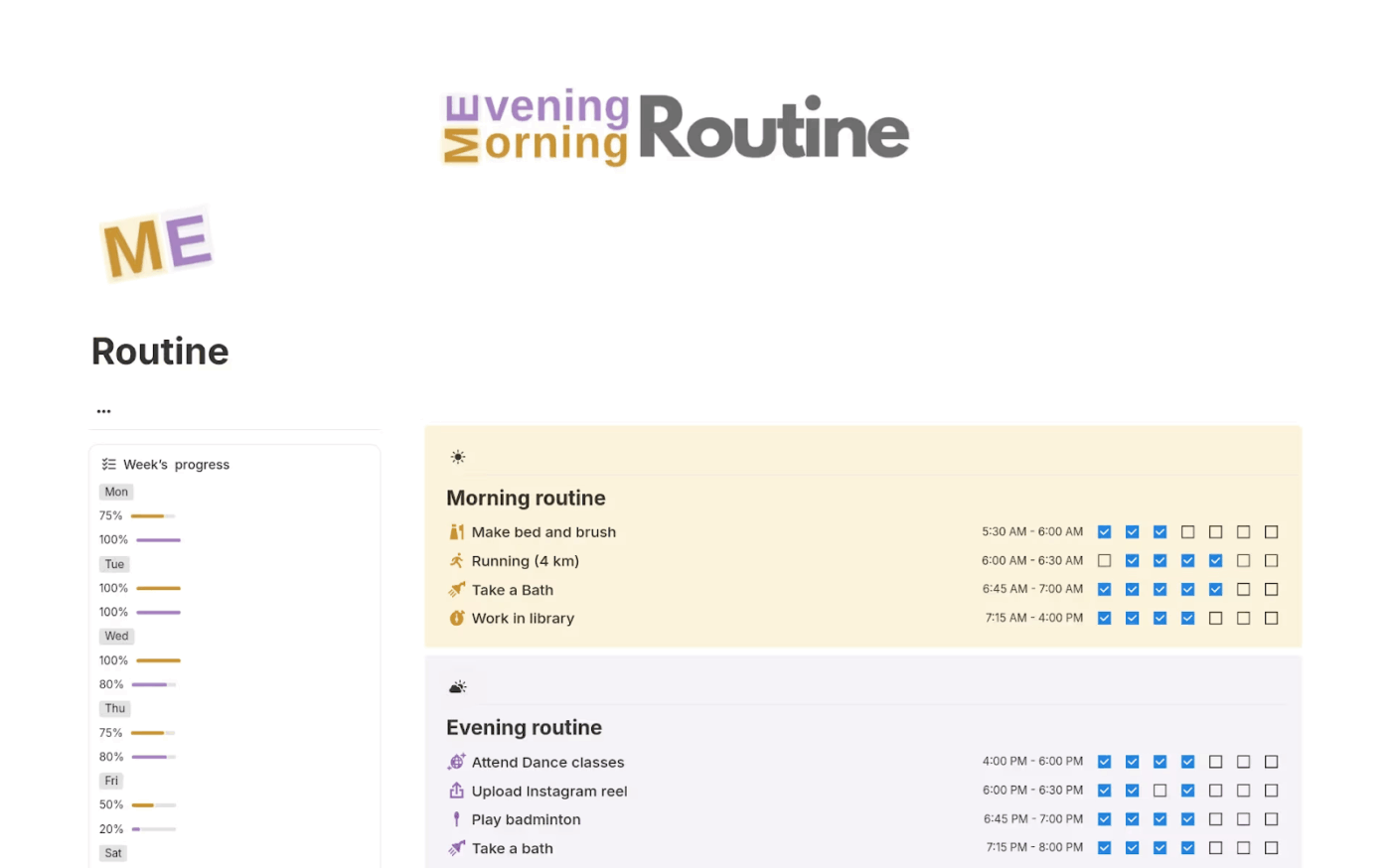 Morning + Evening Routine Tracker via Notion- Notion habit tracker templates