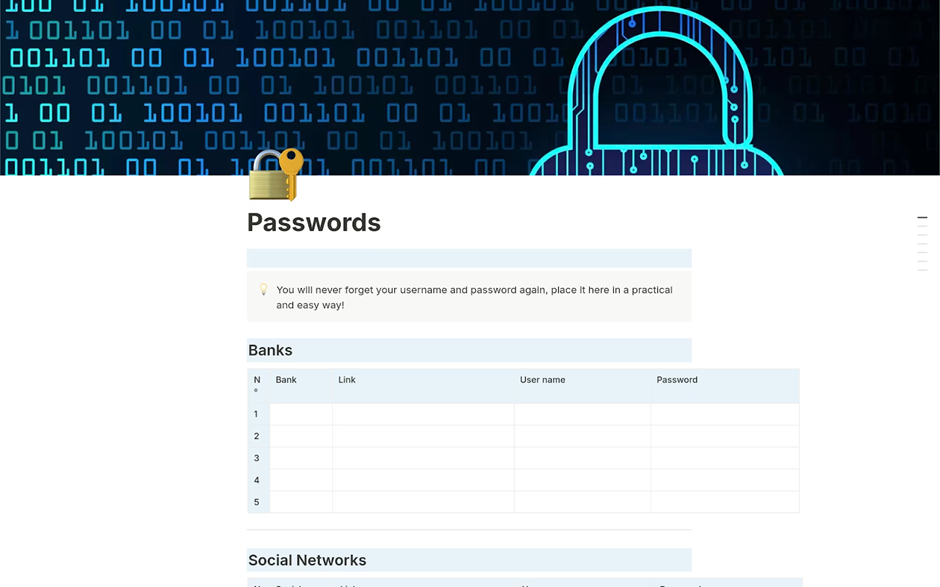 Passwords Template: notion planner templates