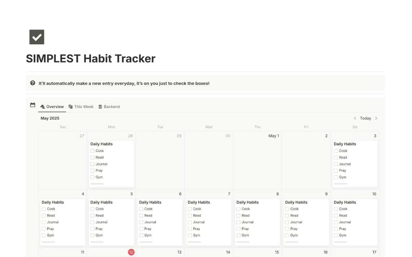 SIMPLEST Habit Tracker via Notion- Notion habit tracker templates