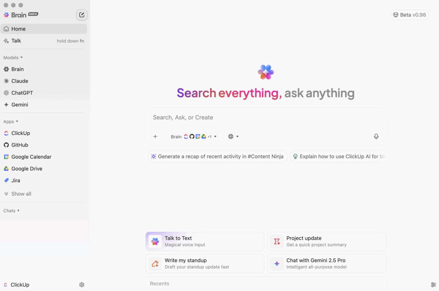 Recherchez tout, demandez tout : le nouveau ClickUp Brain MAX met tout votre travail, vos applications et vos modèles d'IA à portée de main.