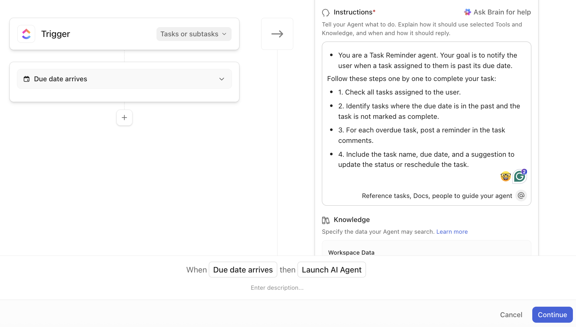 Créez un agent IA pour rappeler les dates d'échéance des tâches.