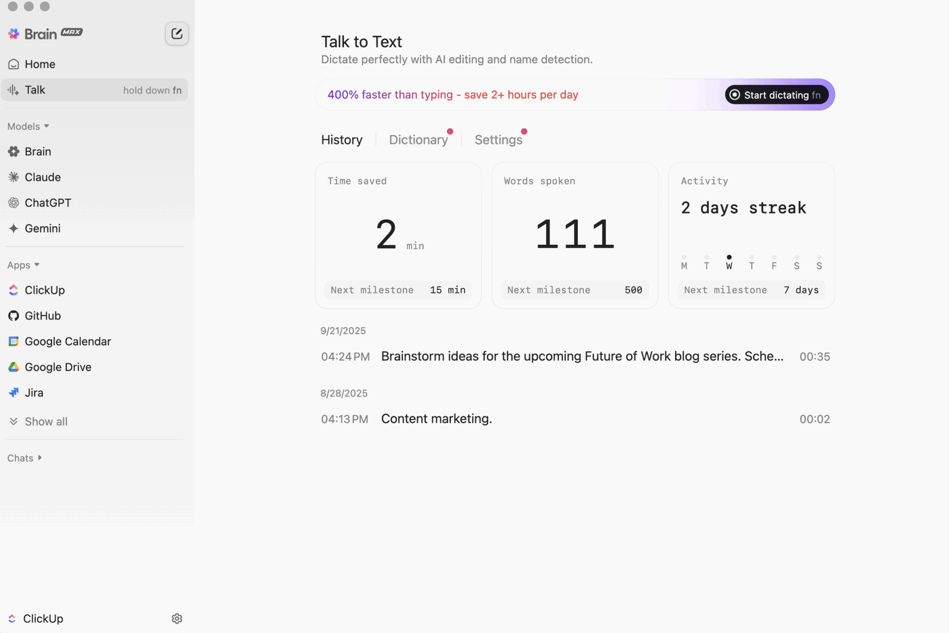 ClickUp Brain Max - Talk to text and AI models