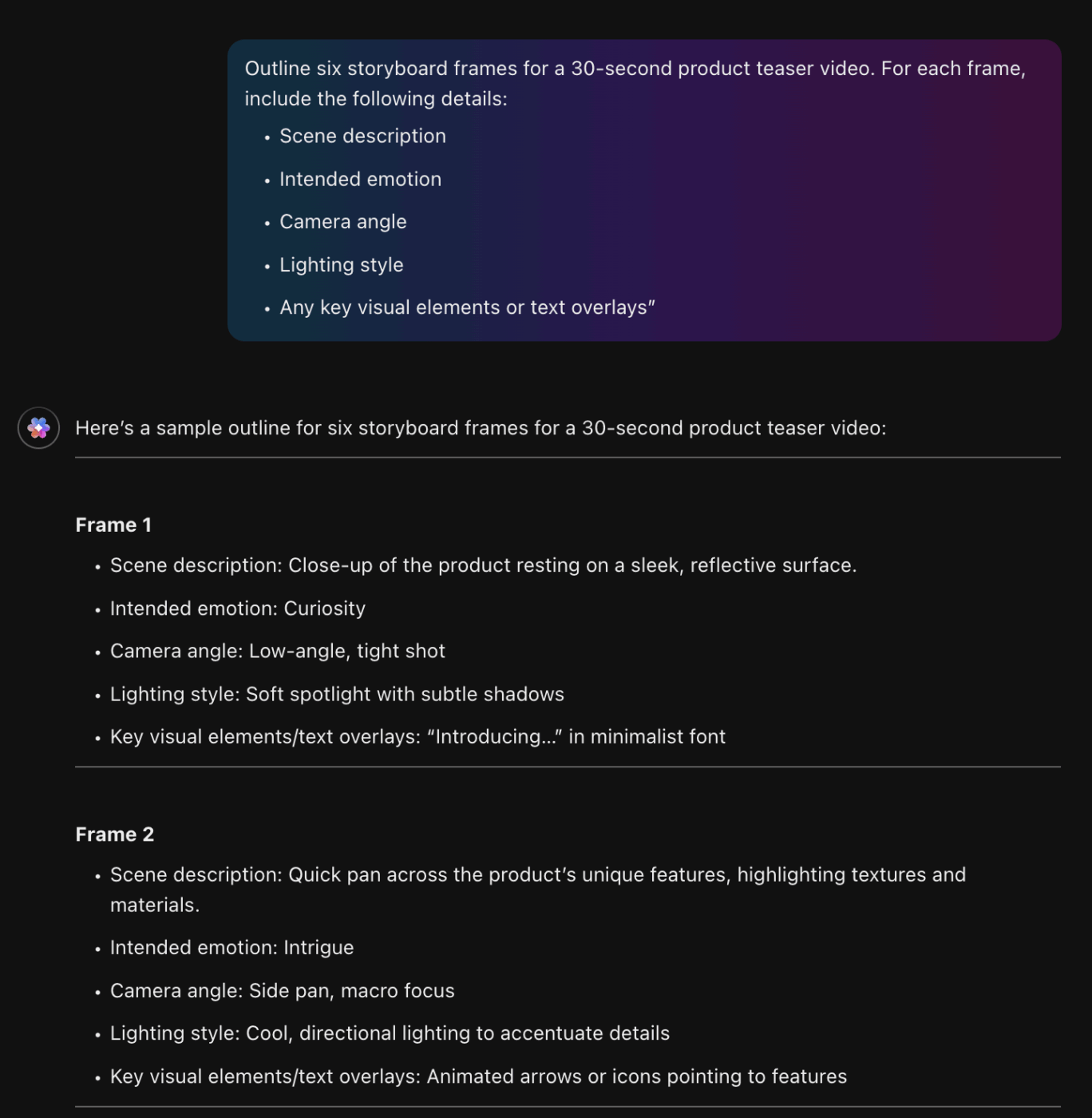 Storyboard frames generated by ClickUp Brain, each annotated with camera, lighting, and emotion details for precise video production planning