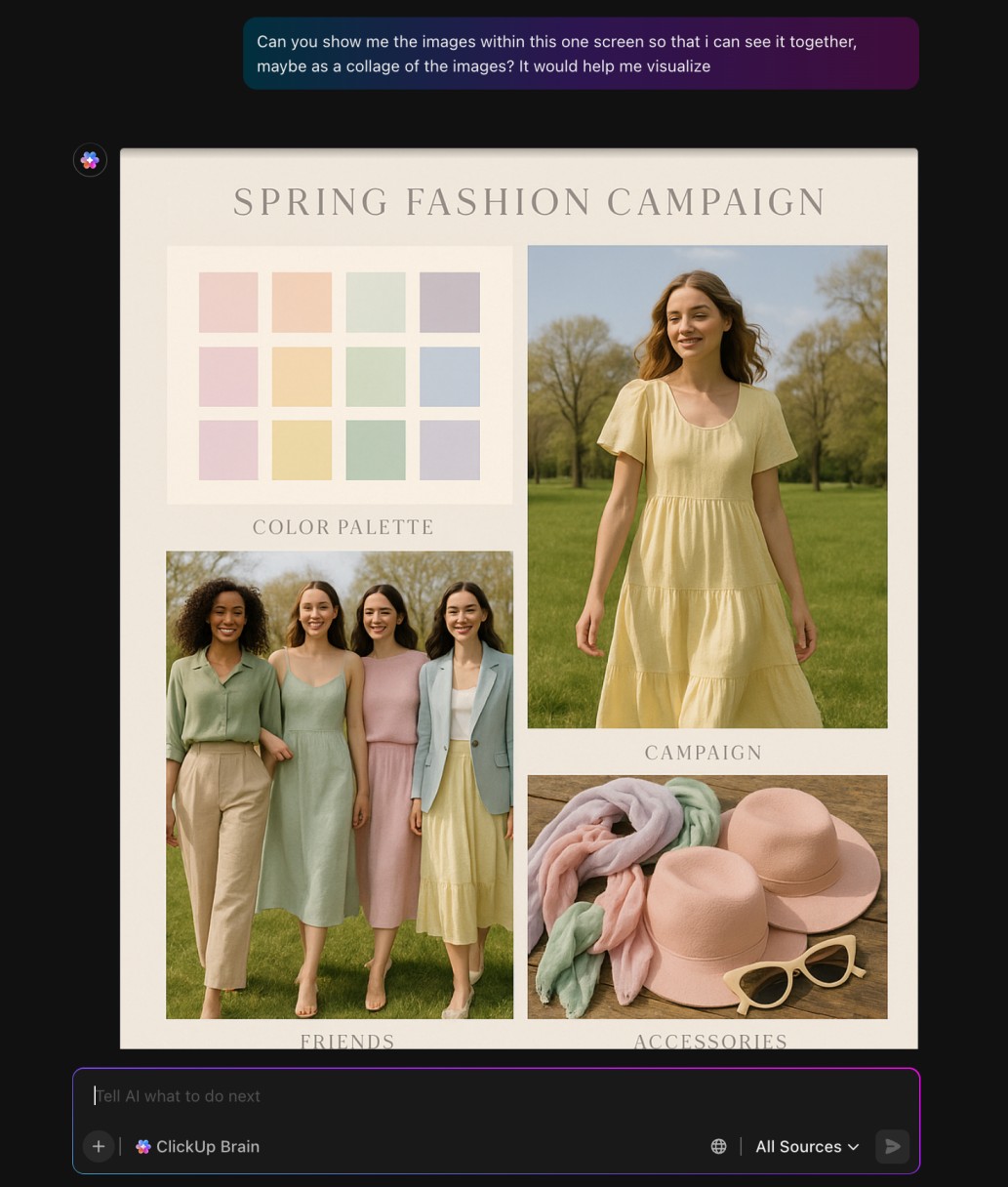 Visual assets generated by ClickUp Brain are attached to campaign tasks, ensuring every creative reference is accessible for review and iteration

