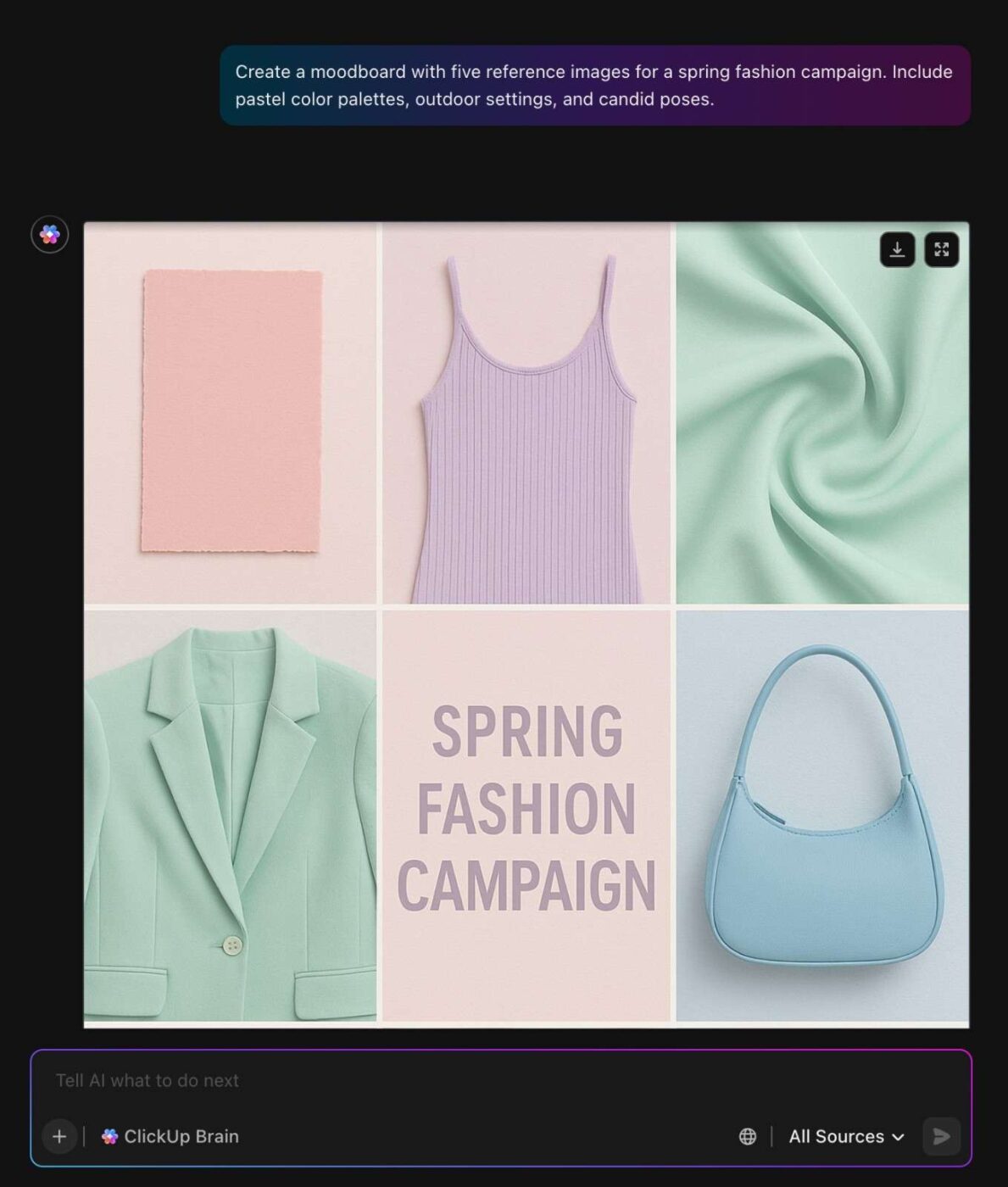 AI-generated moodboard and reference images created directly in ClickUp Brain