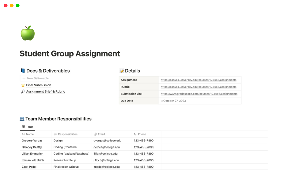 Student Group Assignment Template: notion planner templates