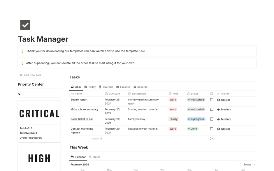 Task Manager Template: notion planner templates
